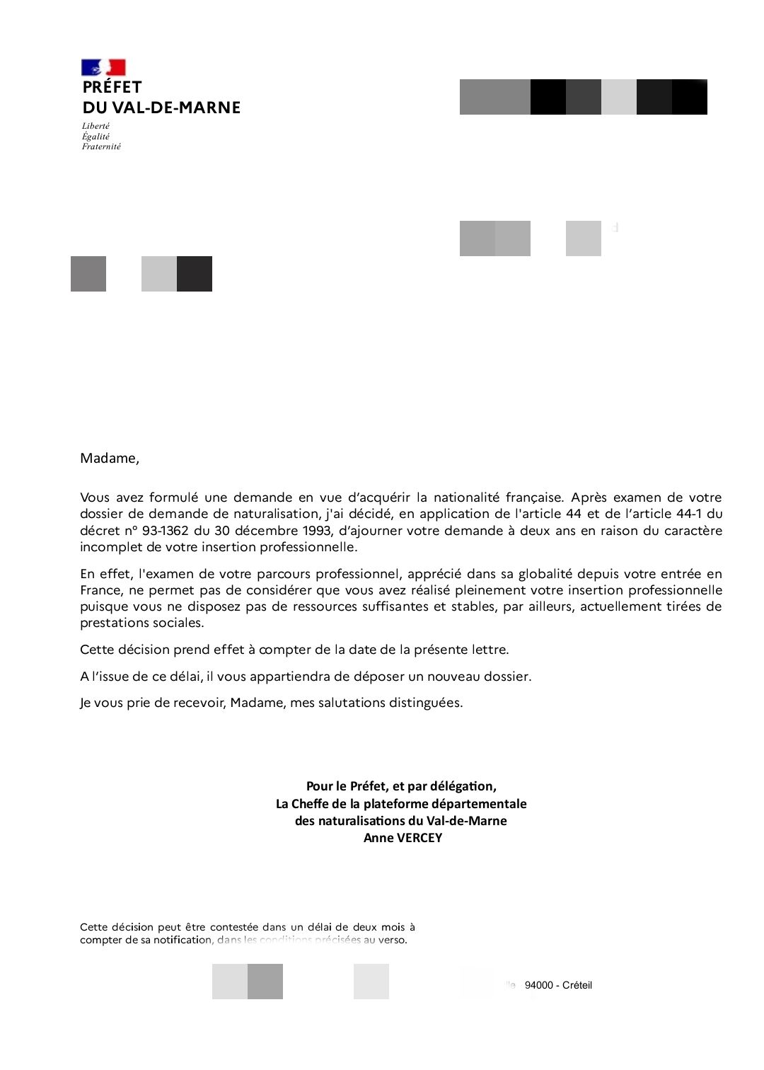 Lettre d'ajournement de naturalisation du Préfet du Val-de-Marne — insertion professionnelle insuffisante