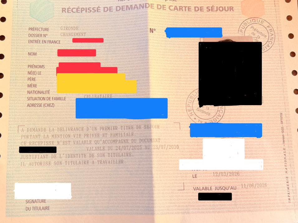 Récépissé de demande de carte de séjour — Préfecture de Gironde, mention Vie Privée et Familiale
