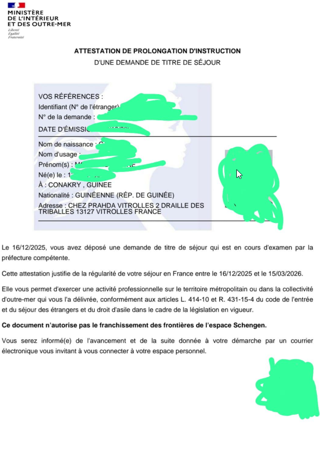Attestation de prolongation d'instruction d'une demande de titre de séjour — Ministère de l'Intérieur